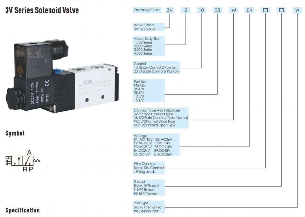 China 3V Series 3/2 Way Single Double Control Pneumatic Air Solenoid Valve